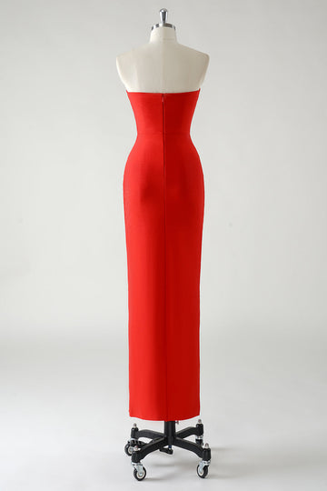 Rosso Sheath senza spalline strass Tea Length Abito da cerimonia con fessura